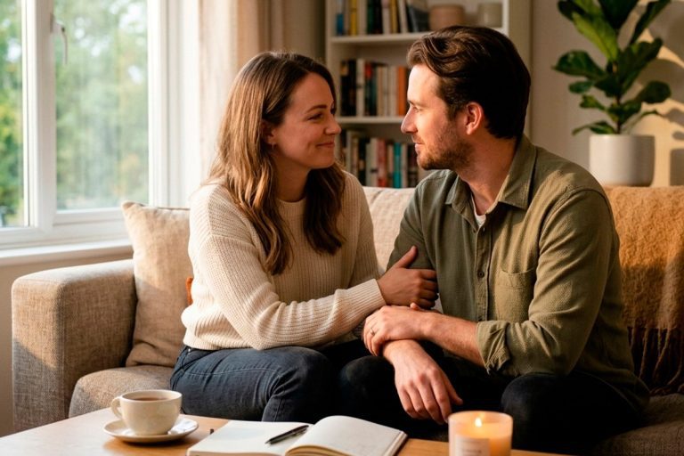 Um casal sentado próximo em um sofá, conversando calmamente e de mãos dadas, indicando reconciliação e conexão após um conflito