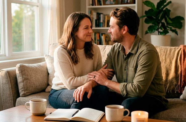 Guia Prático: Como Superar Conflitos e Fortalecer a Relação no Dia a Dia Casal sentado no sofá, sorrindo e conversando calmly, segurando xícaras de chá, simbolizando conexão e harmonia após resolver um conflito